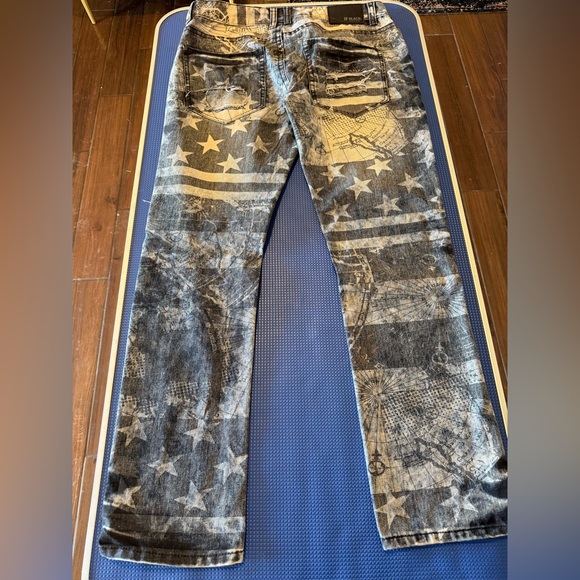 Black Premium Mens Distresses Stars and Stripes Denim Jeans - Picture 2 of 2